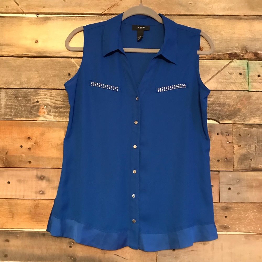 Alfani sheer blue sleeveless button down blouse - Picture 1 of 5